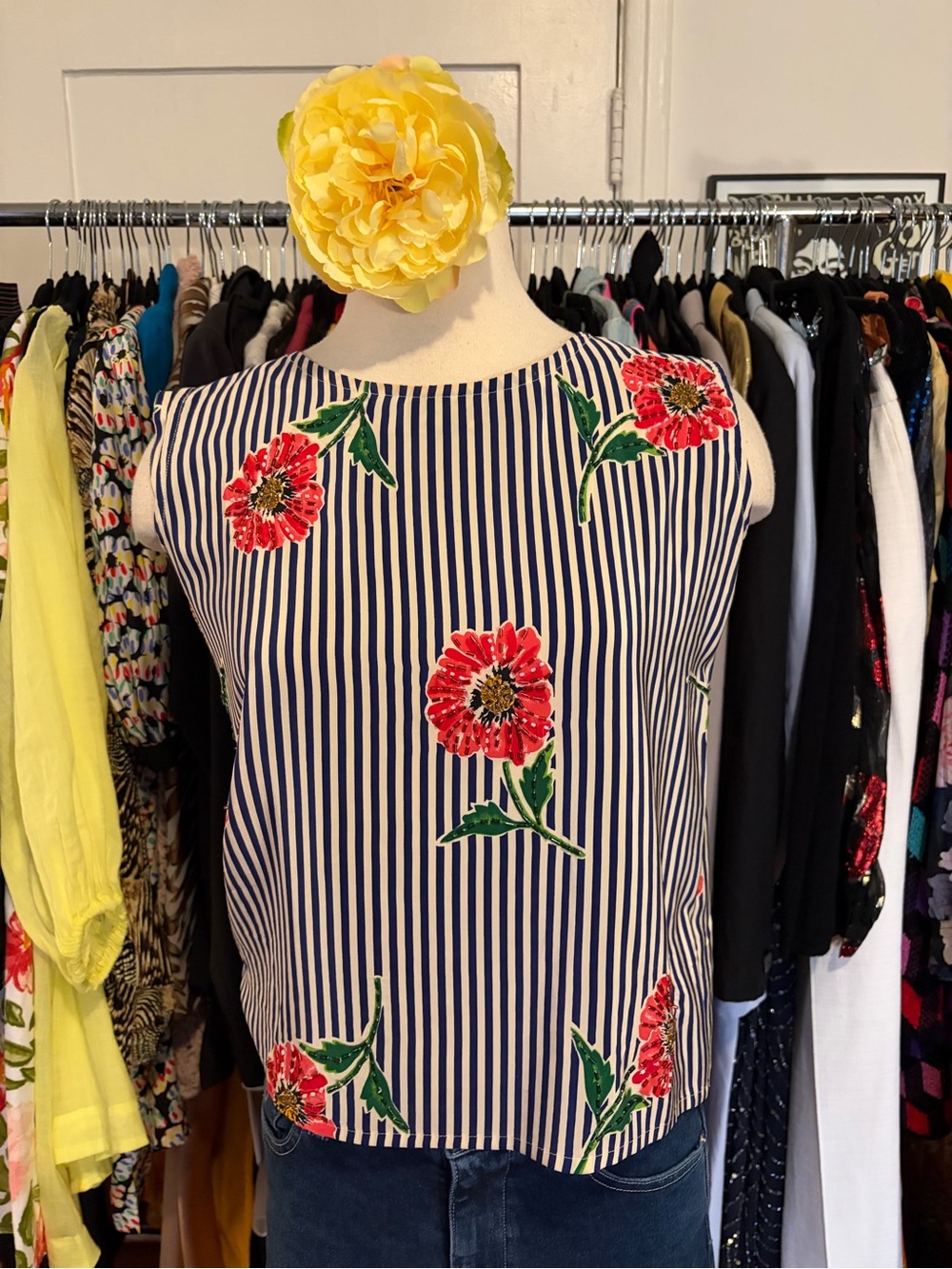 Vintage 80’s Striped Navy & White Floral Embroidered Silk  Top